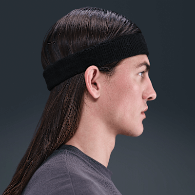 Nike Swoosh Classic headband in black, showing profile view of a man with long hair.