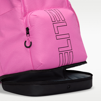 Nike Varsity Elite backpack bottom pocket for dirty shoes in Playful Pink color.