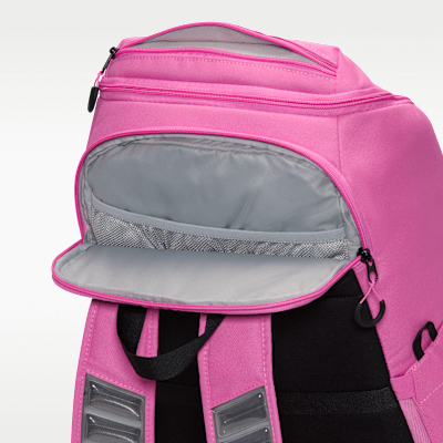 Nike Varsity Elite backpack showing large main compartment in Playful Pink color.