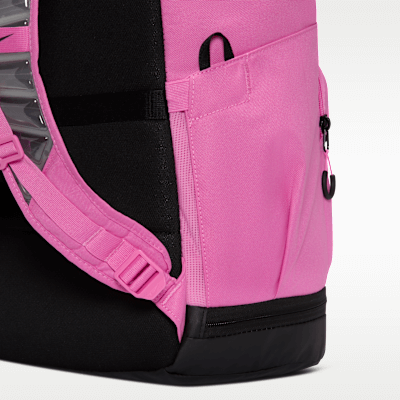 Side view of Nike Varsity Elite backpack in Playful Pink with adjustable straps and zippered pocket.