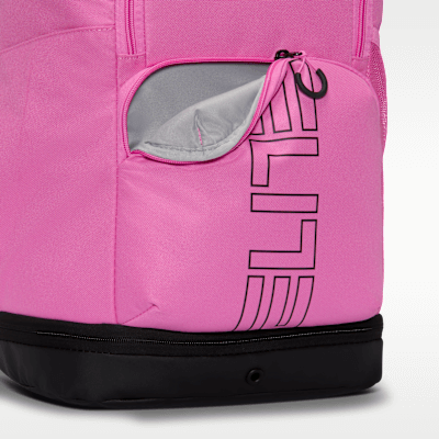 Nike Varsity Elite backpack detail featuring exterior front pocket in Playful Pink color.